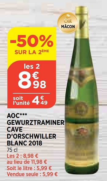 Promotions Aoc gewurztraminer cave d`orschwiller blanc 2018 - Vins blancs - Valide de 18/11/2020 à 23/11/2020 chez Bi1