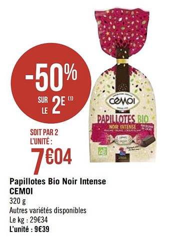 Promoties Papillotes bio noir intense cemoi - Cémoi - Geldig van 09/11/2020 tot 22/11/2020 bij Super Casino