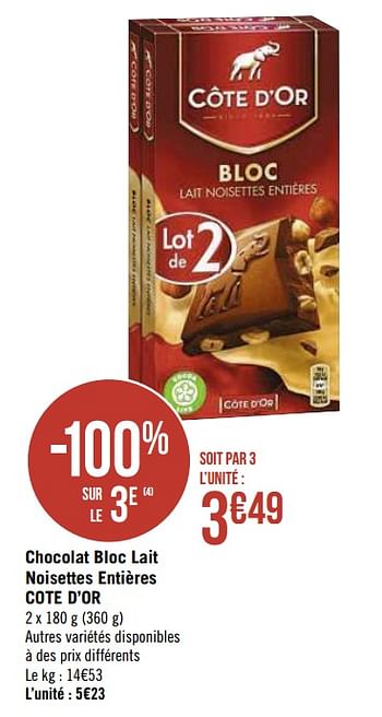 Promotions Chocolat bloc lait noisettes entières cote d`or - Cote D'Or - Valide de 09/11/2020 à 22/11/2020 chez Super Casino
