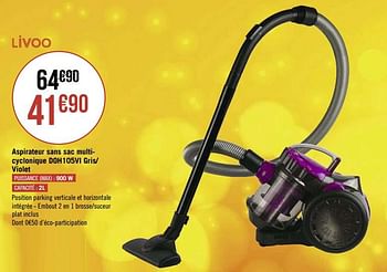 Promotions Livoo aspirateur sans sac multicyclonique doh105vi gris- violet - Livoo - Valide de 09/11/2020 à 22/11/2020 chez Super Casino