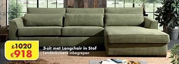 Promoties 3-zit met longchair in stof - Huismerk - O & O Trendy Wonen - Geldig van 16/11/2020 tot 07/12/2020 bij O & O Trendy Wonen