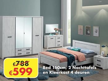 Promoties Bed 2 nachttafels en kleerkast 4 deuren - Huismerk - O & O Trendy Wonen - Geldig van 16/11/2020 tot 07/12/2020 bij O & O Trendy Wonen