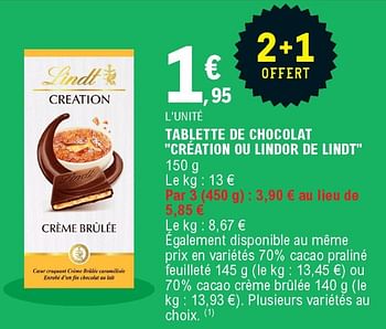 Promo TABLETTE DE CHOCOLAT LINDT CRÉATION chez E.Leclerc