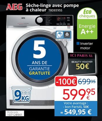 Promoties Aeg sèche-linge avec pompe à chaleur t8dee95s - AEG - Geldig van 23/11/2020 tot 06/12/2020 bij Eldi