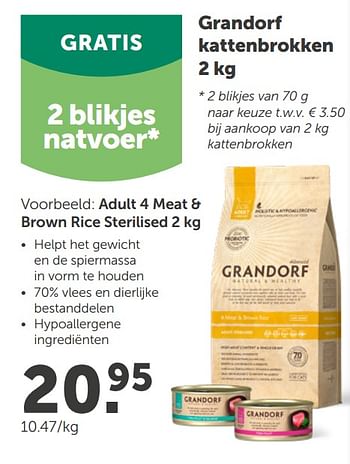 Promoties Grandorf kattenbrokken adult 4 meat + brown rice sterilised - Grandorf - Geldig van 25/11/2020 tot 05/12/2020 bij Aveve