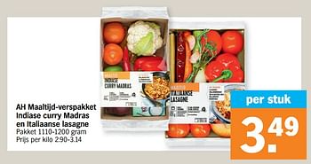 Promotions Ah maaltijd-verspakket indiase curry madras en italiaanse lasagne - Produit Maison - Albert Heijn - Valide de 30/11/2020 à 06/12/2020 chez Albert Heijn
