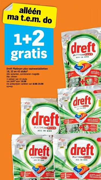 Promotions Dreft platinum plus vaatwastabletten citroen - Dreft - Valide de 30/11/2020 à 06/12/2020 chez Albert Heijn