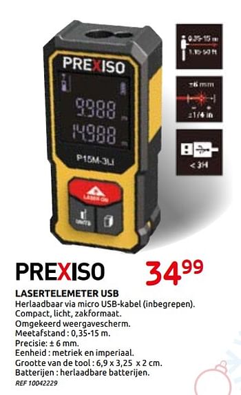 Promoties Prexiso lasertelemeter usb - Prexiso - Geldig van 02/12/2020 tot 28/12/2020 bij BricoPlanit