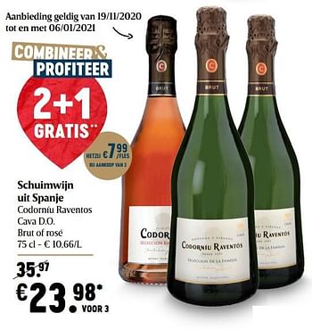 Promoties Schuimwijn uit spanje codorníu raventos cava d.o. brut of rosé - Schuimwijnen - Geldig van 03/12/2020 tot 09/12/2020 bij Delhaize