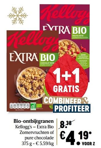 Promoties Bio-ontbijtgranen kellogg`s - extra bio zomervruchten of pure chocolade - Kellogg's - Geldig van 03/12/2020 tot 09/12/2020 bij Delhaize