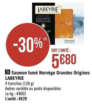 Promotions Saumon fumé norvège grandes origines labeyrie - Labeyrie - Valide de 30/11/2020 à 13/12/2020 chez Super Casino