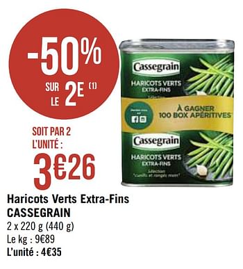 Promotions Haricots verts extra-fins cassegrain - Cassegrain - Valide de 30/11/2020 à 13/12/2020 chez Super Casino