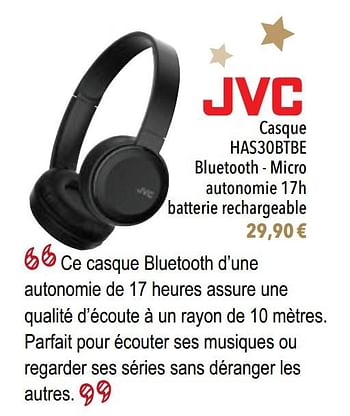 Promotions Jvc casque has30btbe bluetooth - micro autonomie 17h batterie rechargeable - JVC - Valide de 01/12/2020 à 31/01/2021 chez Cora