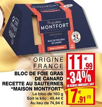 Promoties Bloc de foie gras de canard recette au sauternes maison montfort - Montfort - Geldig van 02/12/2020 tot 13/12/2020 bij Coccinelle