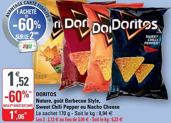 Promotions Doritos nature, goût barbecue style, sweet chili pepper ou nacho cheese - Doritos - Valide de 02/12/2020 à 13/12/2020 chez G20