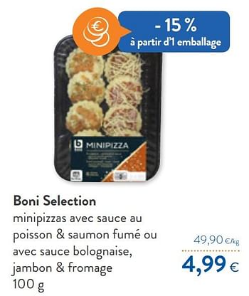 Promotions Boni selection minipizzas avec sauce au poisson + saumon fumé ou avec sauce bolognaise, jambon + fromage - Boni - Valide de 02/12/2020 à 15/12/2020 chez OKay