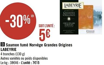 Promotions Saumon fumé norvège grandes origines labeyrie - Labeyrie - Valide de 30/11/2020 à 13/12/2020 chez Géant Casino