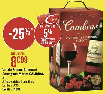 Promotions Vin de france cabernet sauvignon merlot cambras - Vins rouges - Valide de 30/11/2020 à 13/12/2020 chez Géant Casino