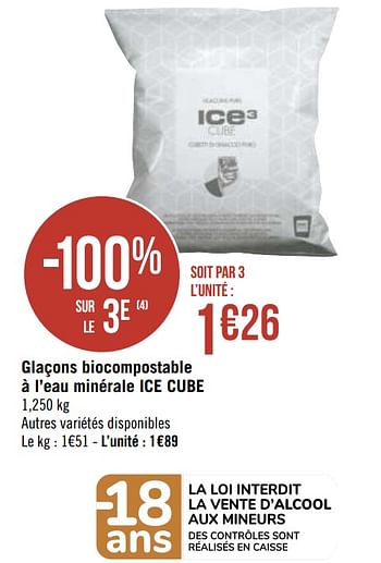 Promotions Glaçons biocompostable à l`eau minérale ice cube - Ice Cube - Valide de 30/11/2020 à 13/12/2020 chez Géant Casino