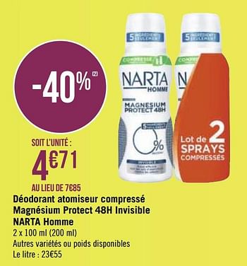 Promotions Déodorant atomiseur compressé magnésium protect 48h invisible narta homme - Narta - Valide de 30/11/2020 à 13/12/2020 chez Géant Casino