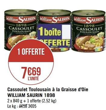 Promotions Cassoulet toulousain à la graisse d`oie william saurin 1898 - William Saurin - Valide de 30/11/2020 à 13/12/2020 chez Géant Casino