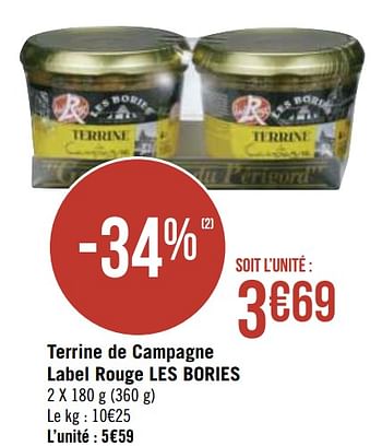 Promotions Terrine de campagne label rouge les bories - Les Bories - Valide de 30/11/2020 à 13/12/2020 chez Géant Casino