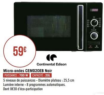 Promoties Continental edison micro-ondes cemo20eb noir - Continental Edison - Geldig van 30/11/2020 tot 13/12/2020 bij Géant Casino
