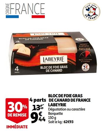 Promotions Bloc de foie gras de canard de france labeyrie - Labeyrie - Valide de 09/12/2020 à 13/12/2020 chez Auchan Ronq