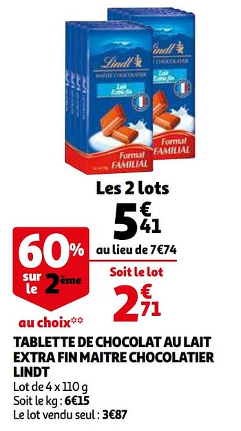 Promotions Tablette de chocolat au lait extra fin maitre chocolatier lindt - Lindt - Valide de 09/12/2020 à 13/12/2020 chez Auchan Ronq