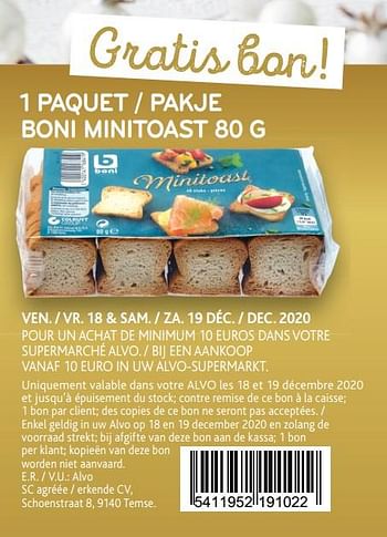 Promotions 1 paquet - pakje boni minitoast - Boni - Valide de 16/12/2020 à 05/01/2021 chez Alvo