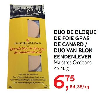 Promotions Duo de bloque de foie gras de canard maistres occitans - Maistres Occitans - Valide de 16/12/2020 à 05/01/2021 chez Alvo