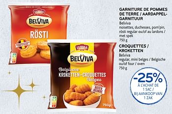 Promotions Garniture de pommes de terre belviva croquettes belviva -25% à l`achat de 1 sac - Lutosa - Valide de 16/12/2020 à 05/01/2021 chez Alvo