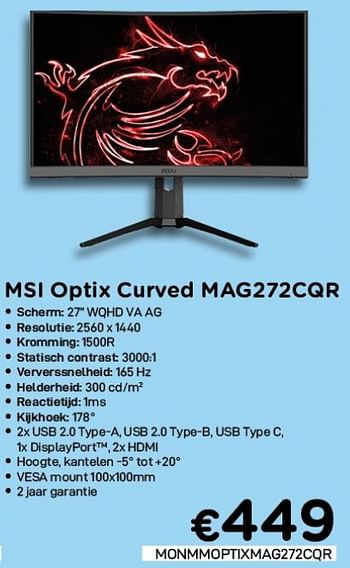 Promoties Msi optix curved mag272cqr - MSI - Geldig van 01/12/2020 tot 31/12/2020 bij Compudeals