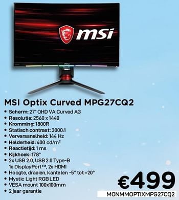 Promoties Msi optix curved mpg27cq2 - MSI - Geldig van 01/12/2020 tot 31/12/2020 bij Compudeals