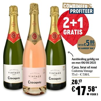 Promotions Cava, brut of rosé codorníu vintage - Vins blancs - Valide de 17/12/2020 à 25/12/2020 chez Delhaize
