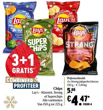 Promoties Chips lay`s - klassiek, strong of superchips strong jalapeño-cheese - Lay's - Geldig van 17/12/2020 tot 25/12/2020 bij Delhaize