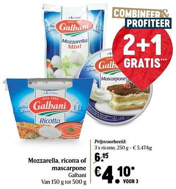 Promoties Mozzarella, ricotta of mascarpone galbani ricotta - Galbani - Geldig van 17/12/2020 tot 25/12/2020 bij Delhaize