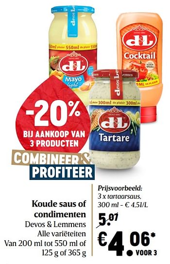 Promoties Koude saus of condimenten devos + lemmens tartaarsaus - Devos Lemmens - Geldig van 17/12/2020 tot 25/12/2020 bij Delhaize