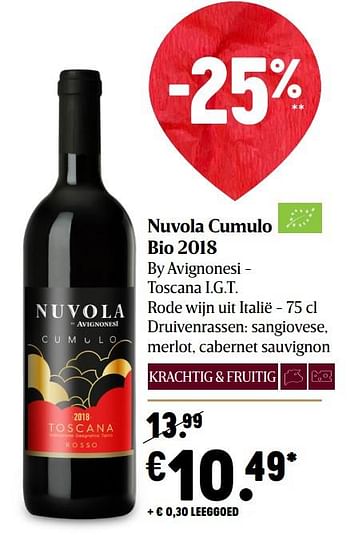 Promoties Nuvola cumulo bio 2018 by avignonesi - toscana i.g.t. rode wijn uit italië - Rode wijnen - Geldig van 17/12/2020 tot 25/12/2020 bij Delhaize