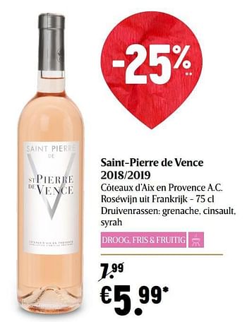 Promoties Saint-pierre de vence 2018-2019 côteaux d`aix en provence a.c. roséwijn uit frankrijk - Rosé wijnen - Geldig van 17/12/2020 tot 25/12/2020 bij Delhaize