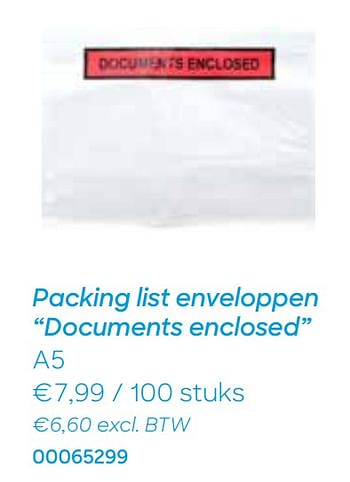 Promoties Packing list enveloppen `documents enclosed` - Huismerk - Ava - Geldig van 28/12/2020 tot 30/03/2021 bij Ava