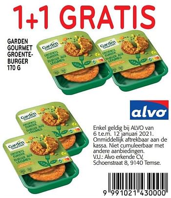 Promoties 1+1 gratis garden gourmet groenteburger - Garden Gourmet - Geldig van 06/01/2021 tot 12/01/2021 bij Alvo