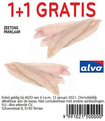 Promoties 1+1 gratis zeetong panklaar - Huismerk - Alvo - Geldig van 06/01/2021 tot 12/01/2021 bij Alvo