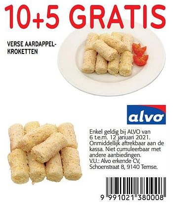 Promoties 10+5 gratis verse aardappelkroketten - Huismerk - Alvo - Geldig van 06/01/2021 tot 12/01/2021 bij Alvo