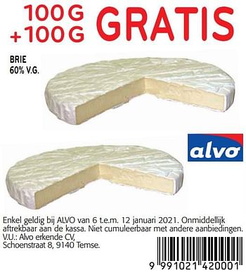Promoties 100g +100g gratis brie - Huismerk - Alvo - Geldig van 06/01/2021 tot 12/01/2021 bij Alvo