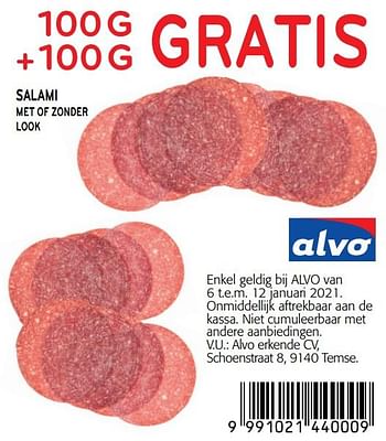 Promoties 100g +100g gratis salami met of zonder look - Huismerk - Alvo - Geldig van 06/01/2021 tot 12/01/2021 bij Alvo