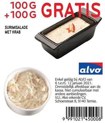 Promoties 100g +100g gratis surimisalade met krab - Huismerk - Alvo - Geldig van 06/01/2021 tot 12/01/2021 bij Alvo