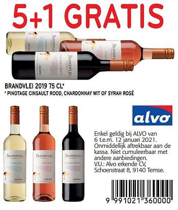 Promoties 5 + 1 gratis brandvlei 2019 - Rode wijnen - Geldig van 06/01/2021 tot 12/01/2021 bij Alvo
