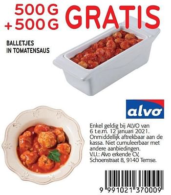 Promoties 500g +500g gratis balletjes in tomatensaus - Huismerk - Alvo - Geldig van 06/01/2021 tot 12/01/2021 bij Alvo