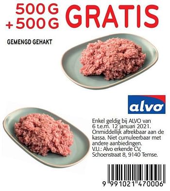 Promoties 500g + 500g gratis gemengd gehakt - Huismerk - Alvo - Geldig van 06/01/2021 tot 12/01/2021 bij Alvo